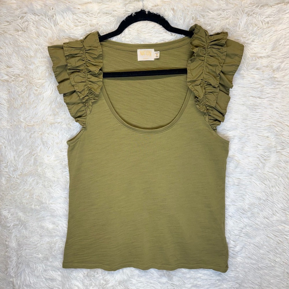 Nation LTD Medβ Valentina Ruffled Tank in Lichen Green Ruffled Flutter Sleeve